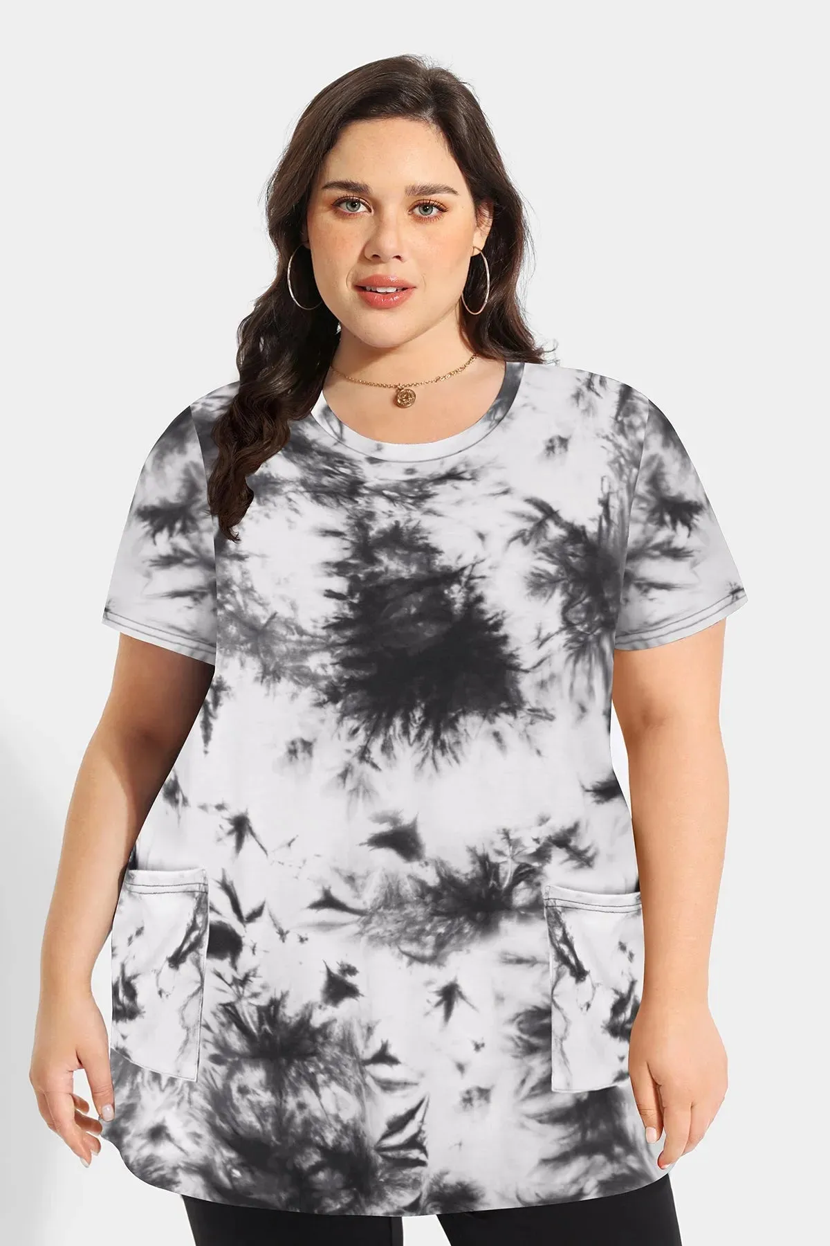 Tie Dye Contrast Loose Tunic Pockets T-Shirt