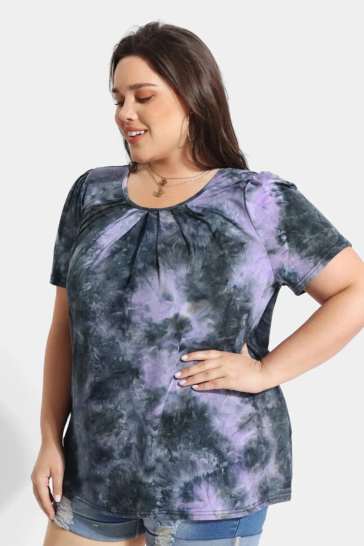 Tie Dye Crewneck Pleated Tunic T-Shirt