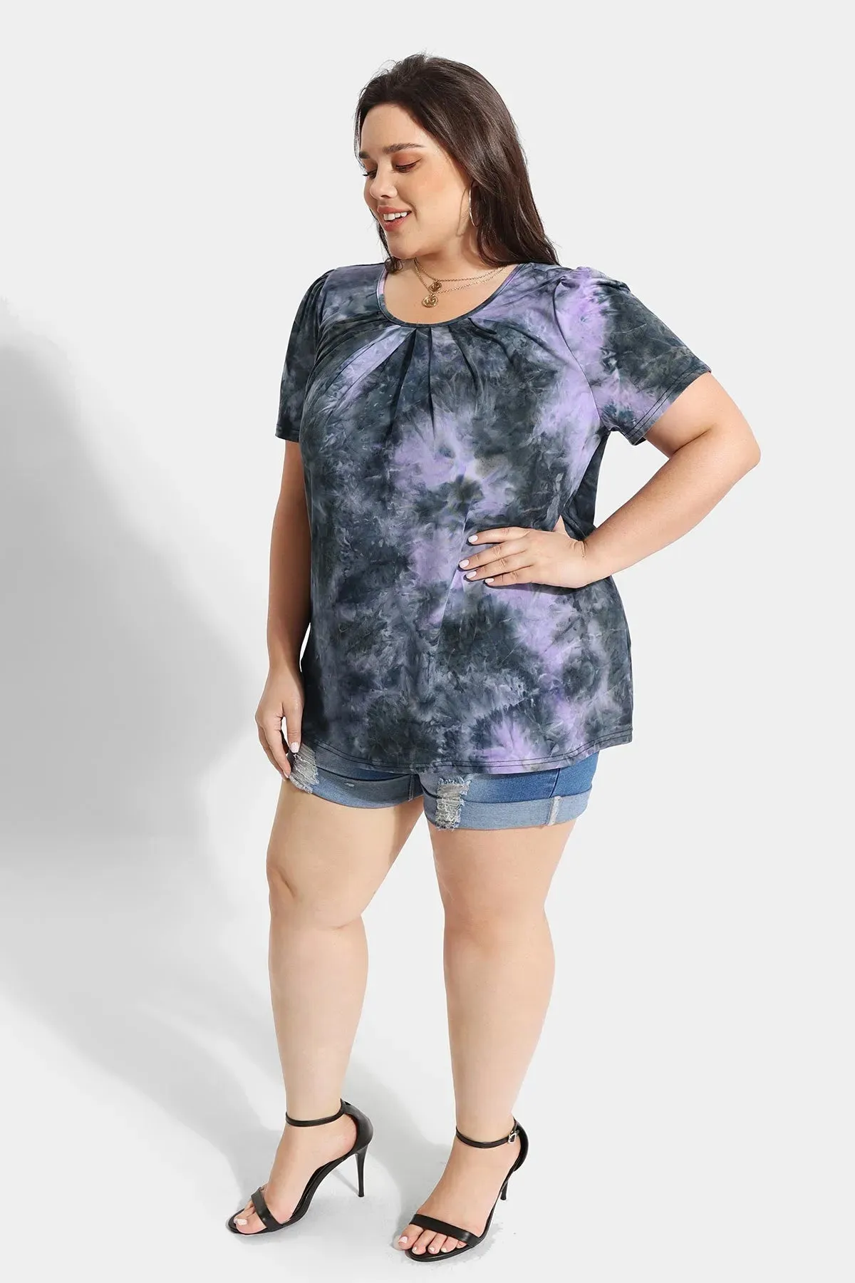 Tie Dye Crewneck Pleated Tunic T-Shirt