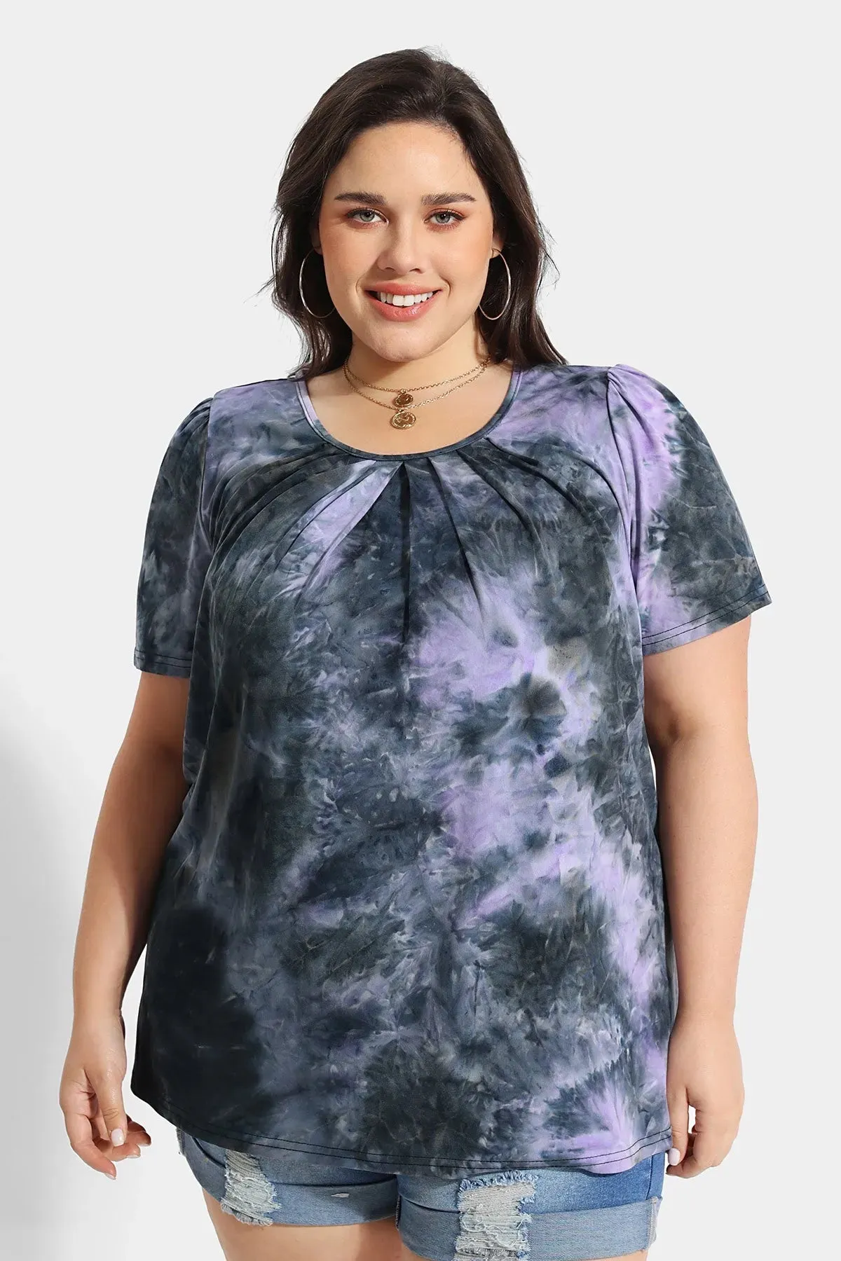 Tie Dye Crewneck Pleated Tunic T-Shirt