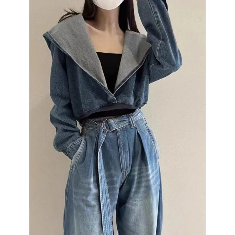 Toleet leapord Autumn outfit Winter and Autumn Coat Blue Hooded Denim Short Coat