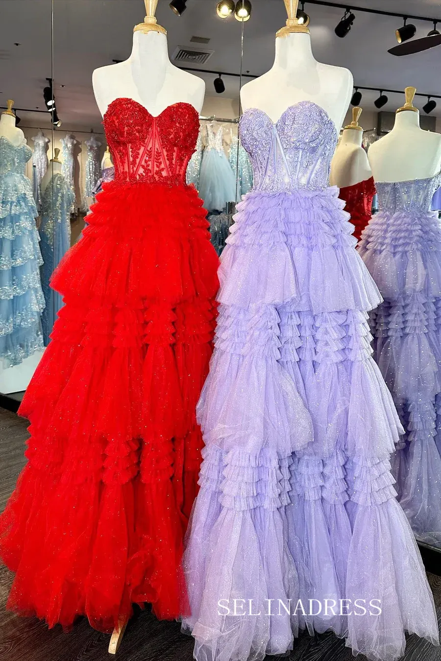 Tulle layered Sweetheart Tiered A-Line Long Prom Dress with Ruffles lpk810