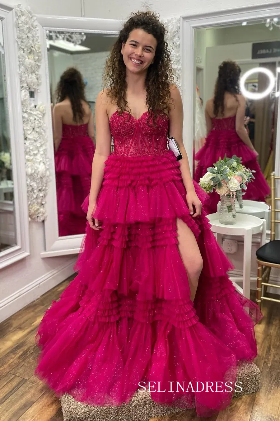 Tulle layered Sweetheart Tiered A-Line Long Prom Dress with Ruffles lpk810