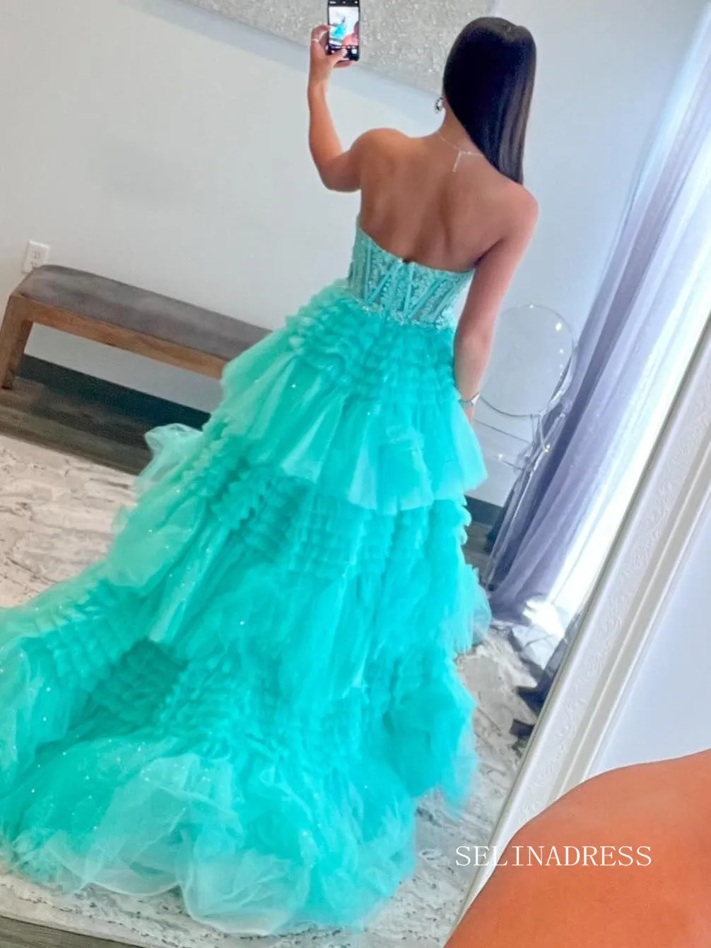 Tulle layered Sweetheart Tiered A-Line Long Prom Dress with Ruffles lpk810