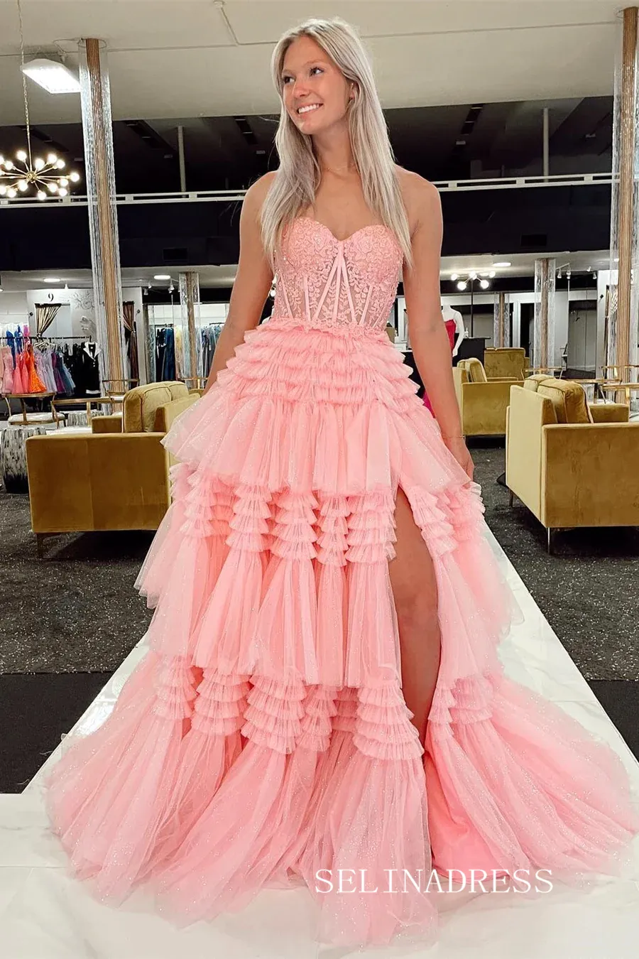 Tulle layered Sweetheart Tiered A-Line Long Prom Dress with Ruffles lpk810