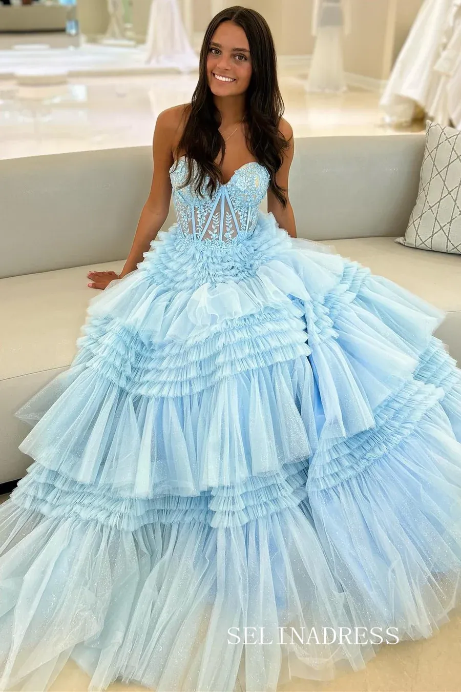 Tulle layered Sweetheart Tiered A-Line Long Prom Dress with Ruffles lpk810