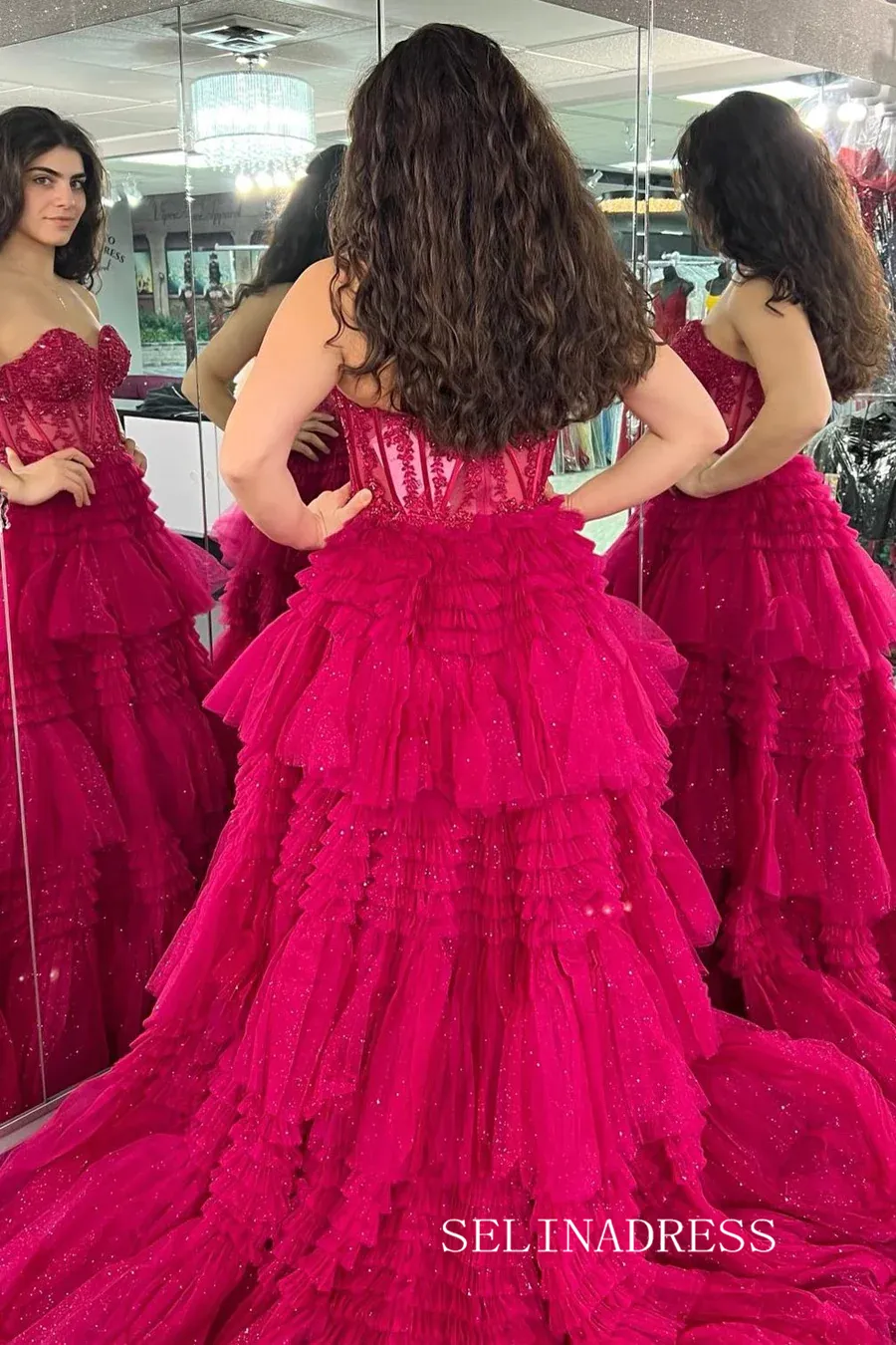 Tulle layered Sweetheart Tiered A-Line Long Prom Dress with Ruffles lpk810