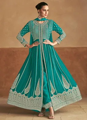 Turquoise Designer Embroidery Slit Style Anarkali Pant Suit