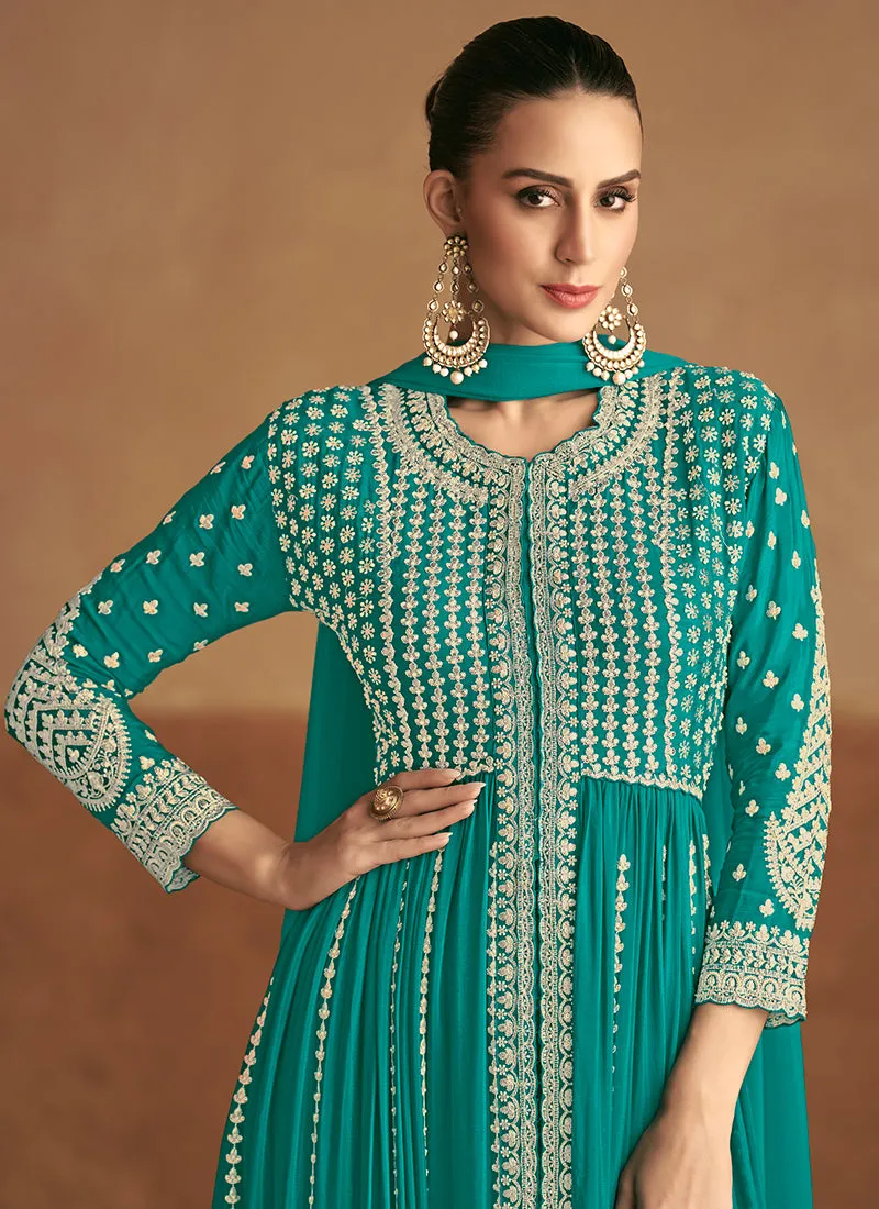 Turquoise Designer Embroidery Slit Style Anarkali Pant Suit