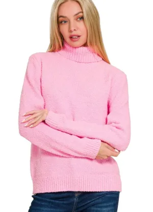 Turtle Neck LS Sweater in Candy Pink by Zenana