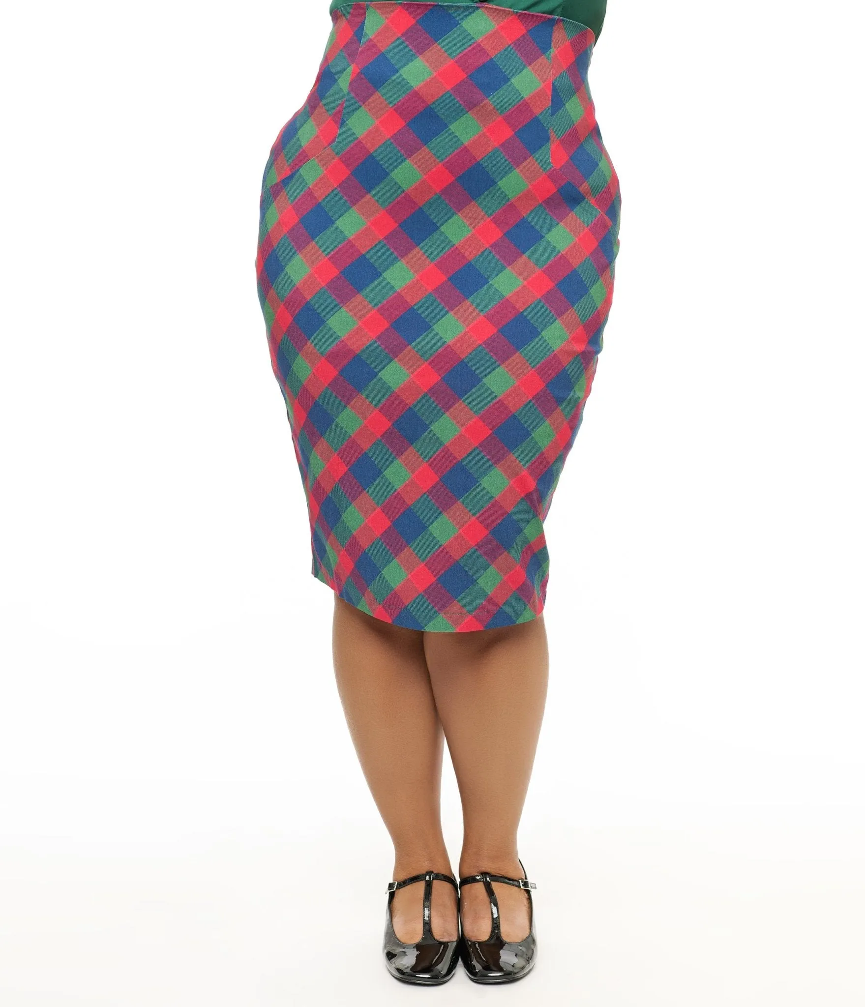 Unique Vintage Plus Size 1950s Green & Red Plaid Tracy Pencil Skirt