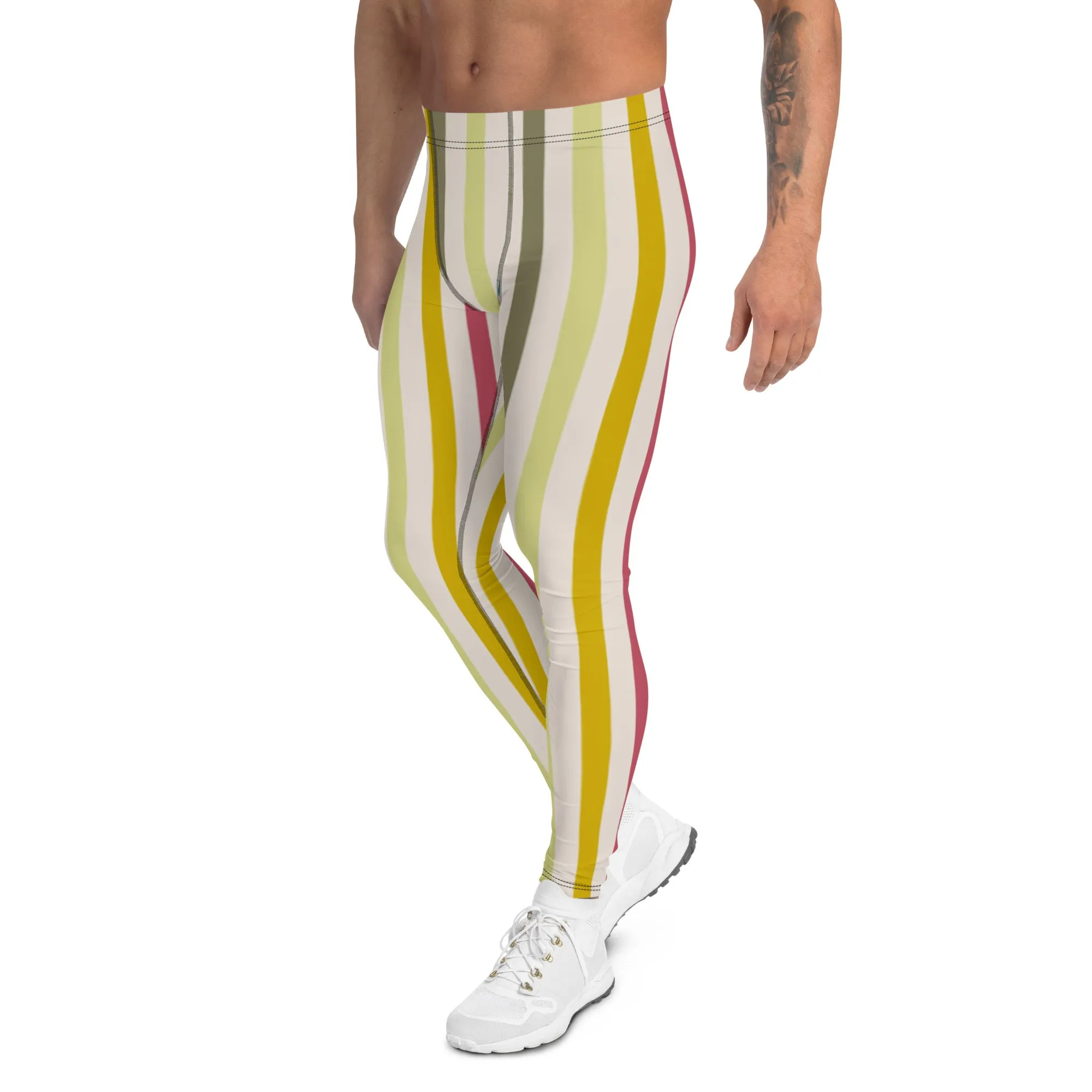 Vertical Striped Retro Style Tights, Vertical Striped Meggings Compression Tights For Men- Made in USA/EU/MX