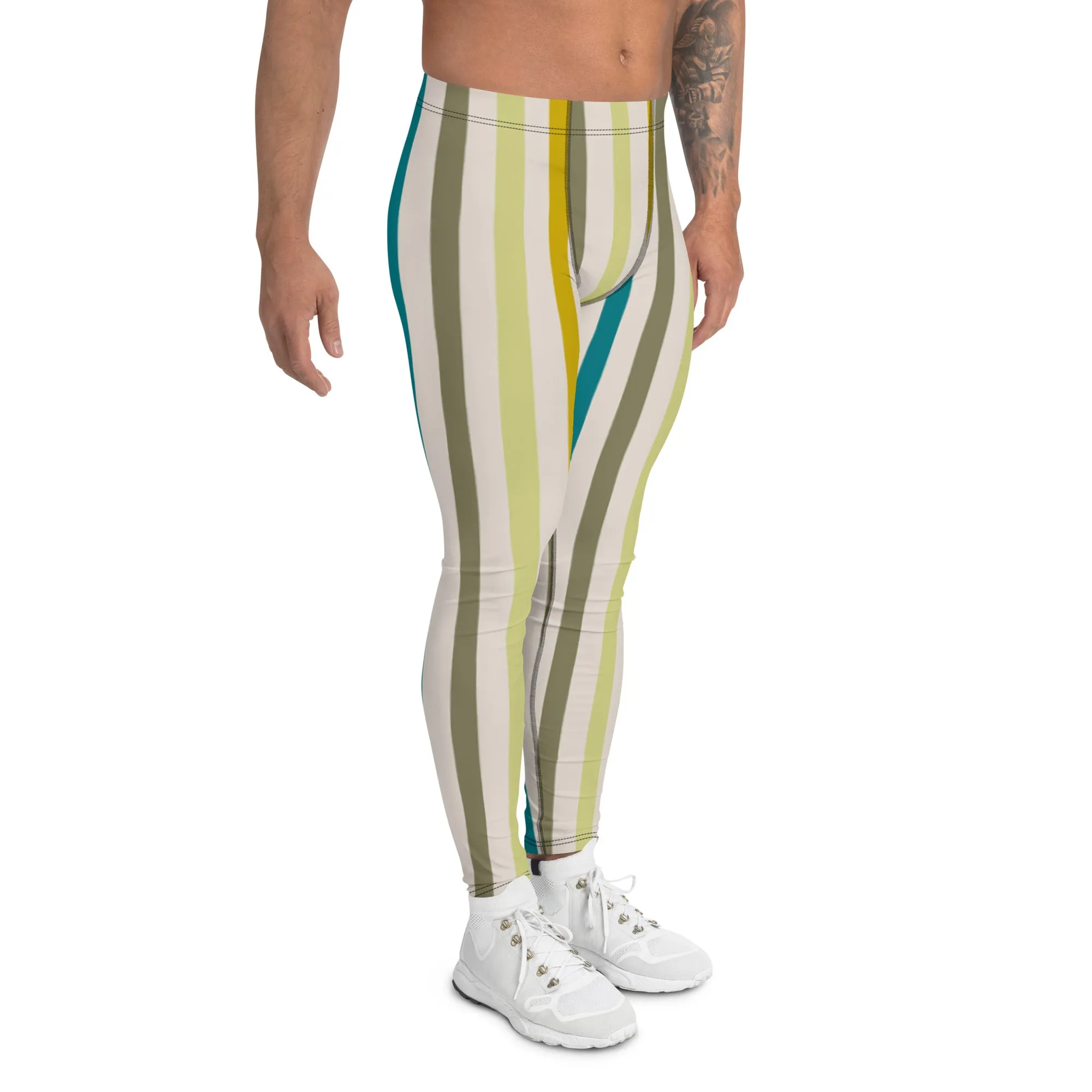 Vertical Striped Retro Style Tights, Vertical Striped Meggings Compression Tights For Men- Made in USA/EU/MX