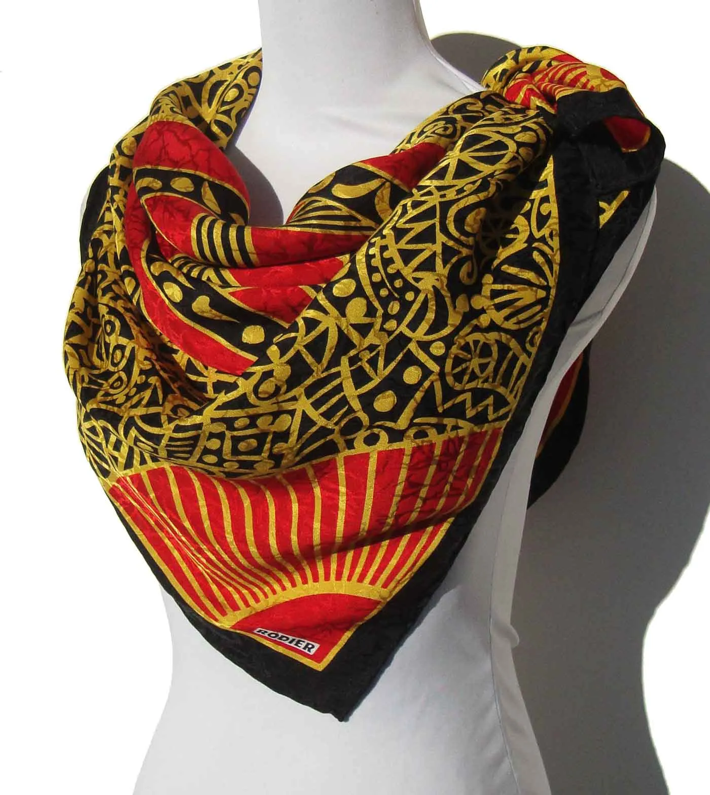 Vintage Rodier Silk Scarf Red Black & Gold Jacquard Shawl