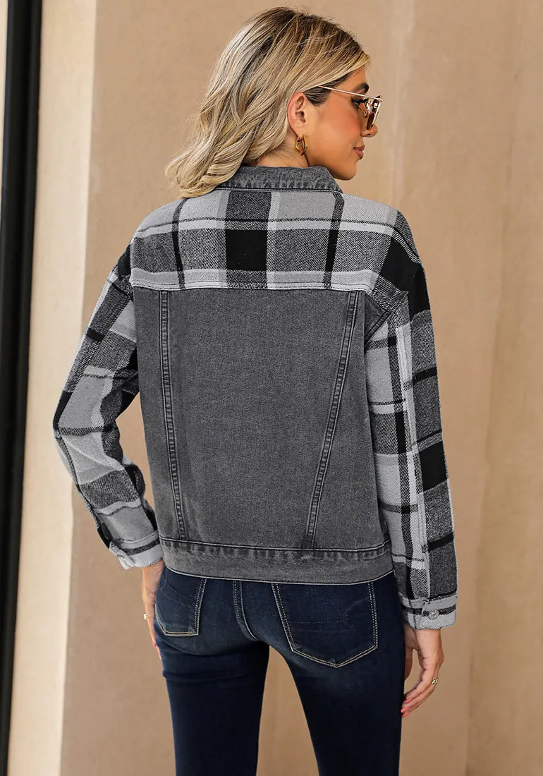 Washed Black   Black Plaid Women's Denim Oversized Plaid Shacket Jacket Vintage Shirt Jackets