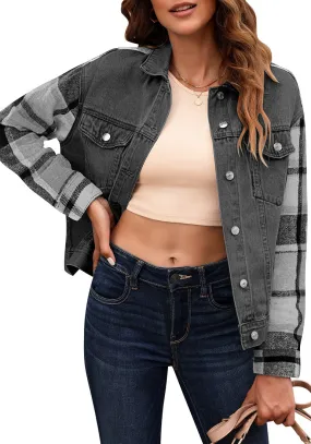 Washed Black   Black Plaid Women's Denim Oversized Plaid Shacket Jacket Vintage Shirt Jackets