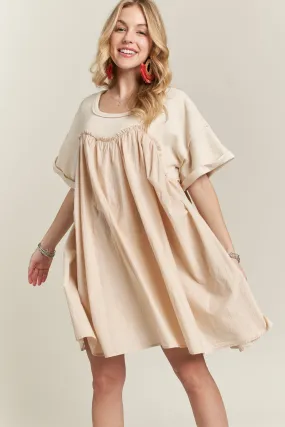 WASHED FABRIC MIX BABYDOLL DRESS SAND (C60)