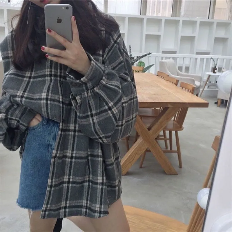 Wenkouban 90s streetwear Harajuku Batwing Sleeve Shirt Women's Boyfriend Style Spring and Autumn Mid-Length Loose Korean Style Woolen Plaid Shirt Cardigan Coat Fashion