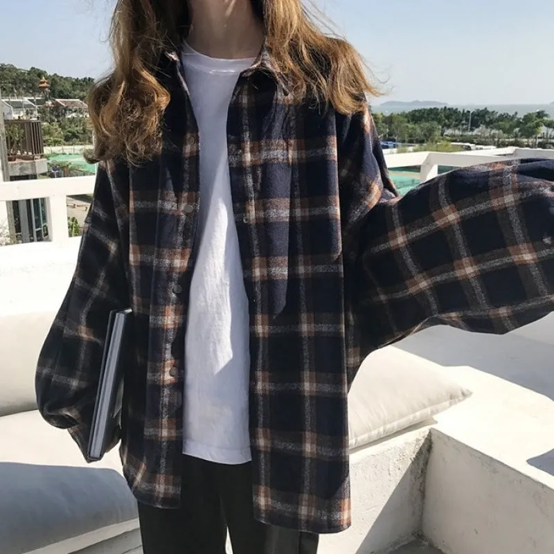 Wenkouban 90s streetwear Harajuku Batwing Sleeve Shirt Women's Boyfriend Style Spring and Autumn Mid-Length Loose Korean Style Woolen Plaid Shirt Cardigan Coat Fashion