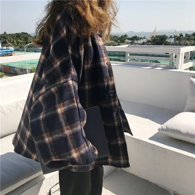 Wenkouban 90s streetwear Harajuku Batwing Sleeve Shirt Women's Boyfriend Style Spring and Autumn Mid-Length Loose Korean Style Woolen Plaid Shirt Cardigan Coat Fashion