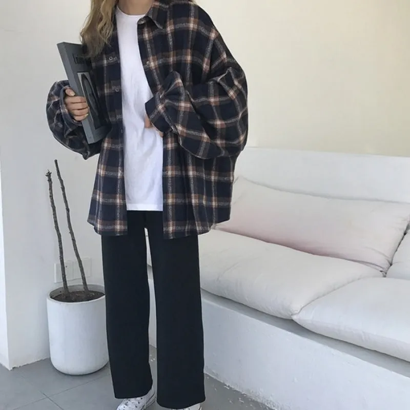 Wenkouban 90s streetwear Harajuku Batwing Sleeve Shirt Women's Boyfriend Style Spring and Autumn Mid-Length Loose Korean Style Woolen Plaid Shirt Cardigan Coat Fashion