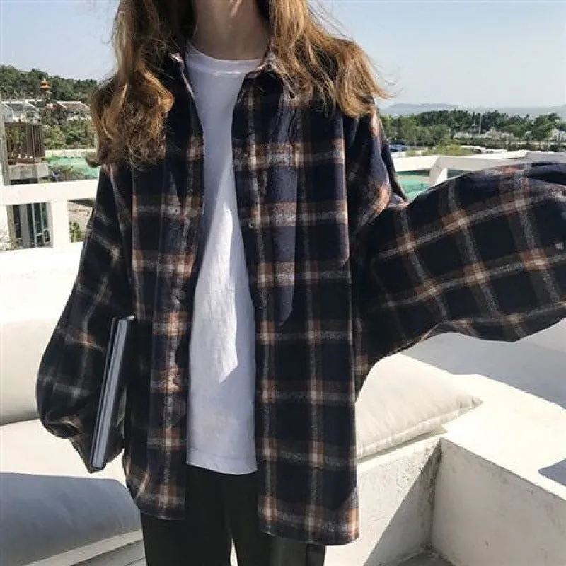 Wenkouban 90s streetwear Harajuku Batwing Sleeve Shirt Women's Boyfriend Style Spring and Autumn Mid-Length Loose Korean Style Woolen Plaid Shirt Cardigan Coat Fashion