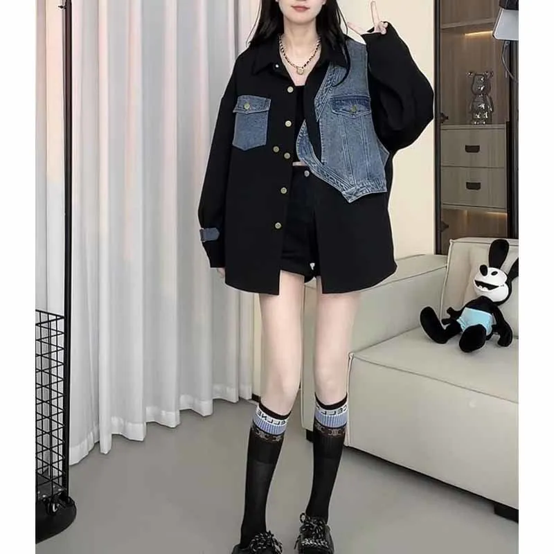 Wenkouban casual fall outfits 2024 Early Spring New Retro Western Style Color Matching Denim Loose Fashion Fake Two-Piece Denim Suit Jacket for Women