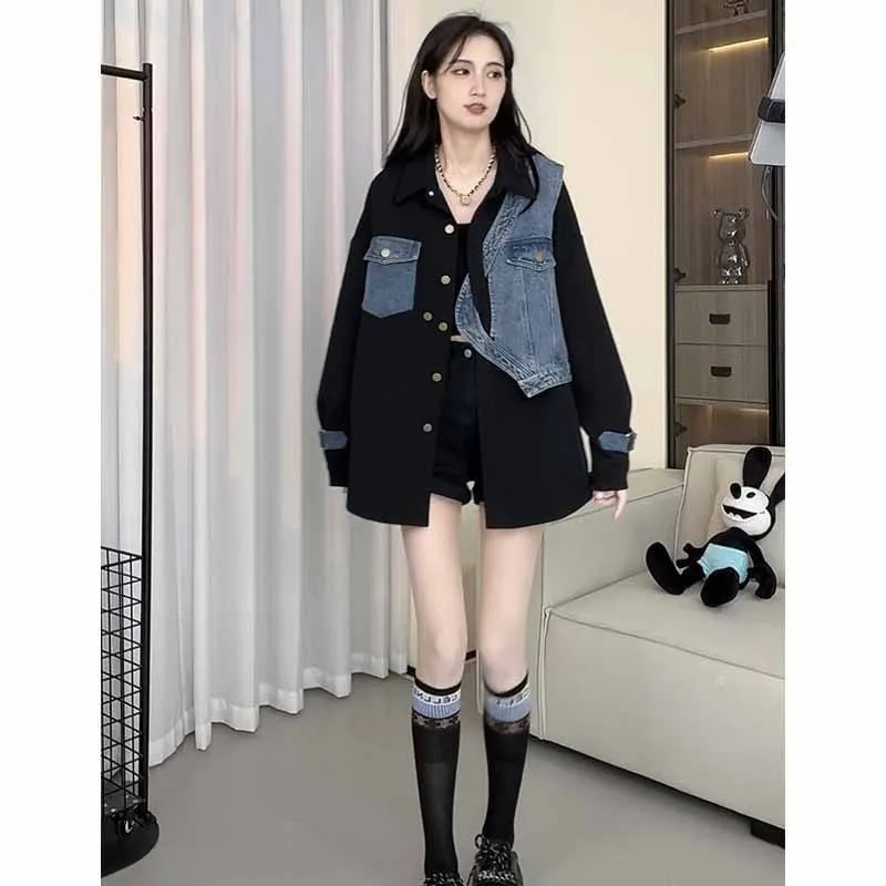 Wenkouban casual fall outfits 2024 Early Spring New Retro Western Style Color Matching Denim Loose Fashion Fake Two-Piece Denim Suit Jacket for Women