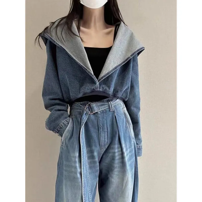 Wenkouban leapord Autumn outfit Winter and Autumn Coat Blue Hooded Denim Short Coat