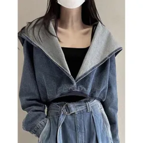 Wenkouban leapord Autumn outfit Winter and Autumn Coat Blue Hooded Denim Short Coat