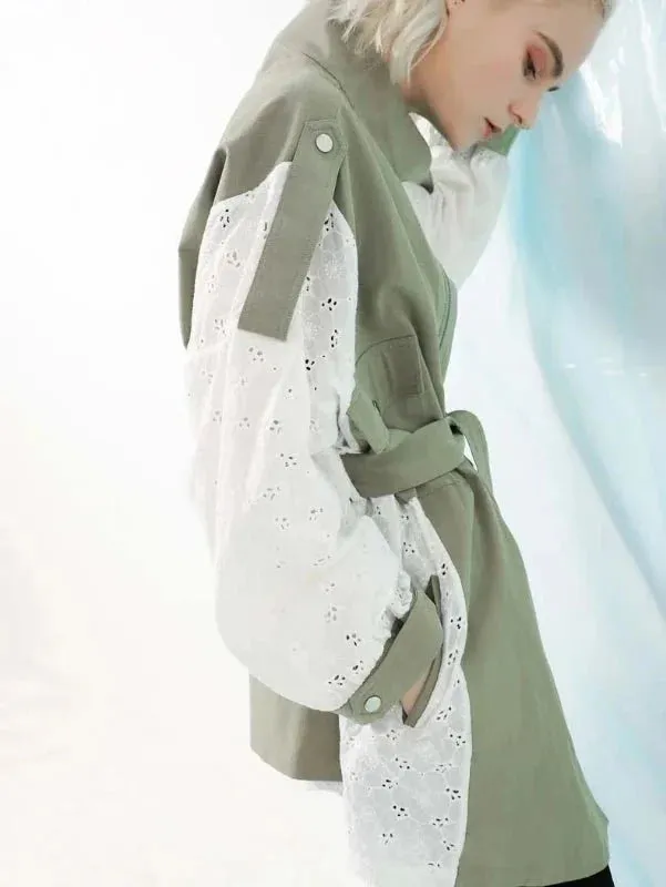 Wenkouban-Winter outfits Christmas Patchwork Floral Sleeve Lace-Up Windbreaker Trench Coat