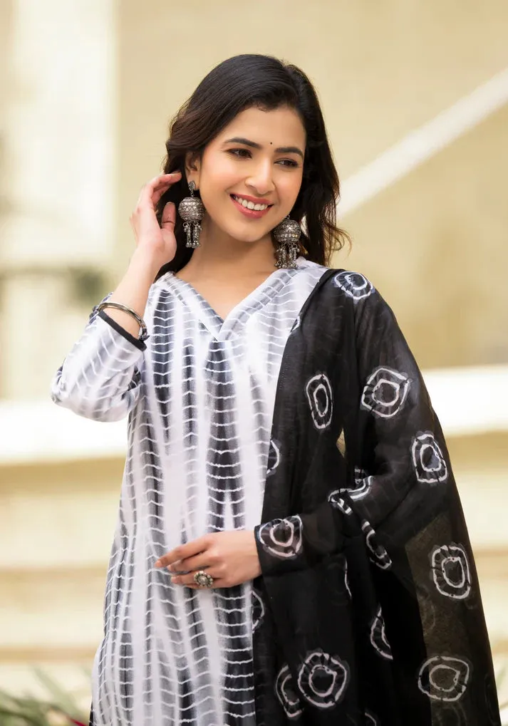 White & Black Viscose Tie Dye & Printed Straight Cut Kurta Pant Set with Chanderi Cotton Dupatta