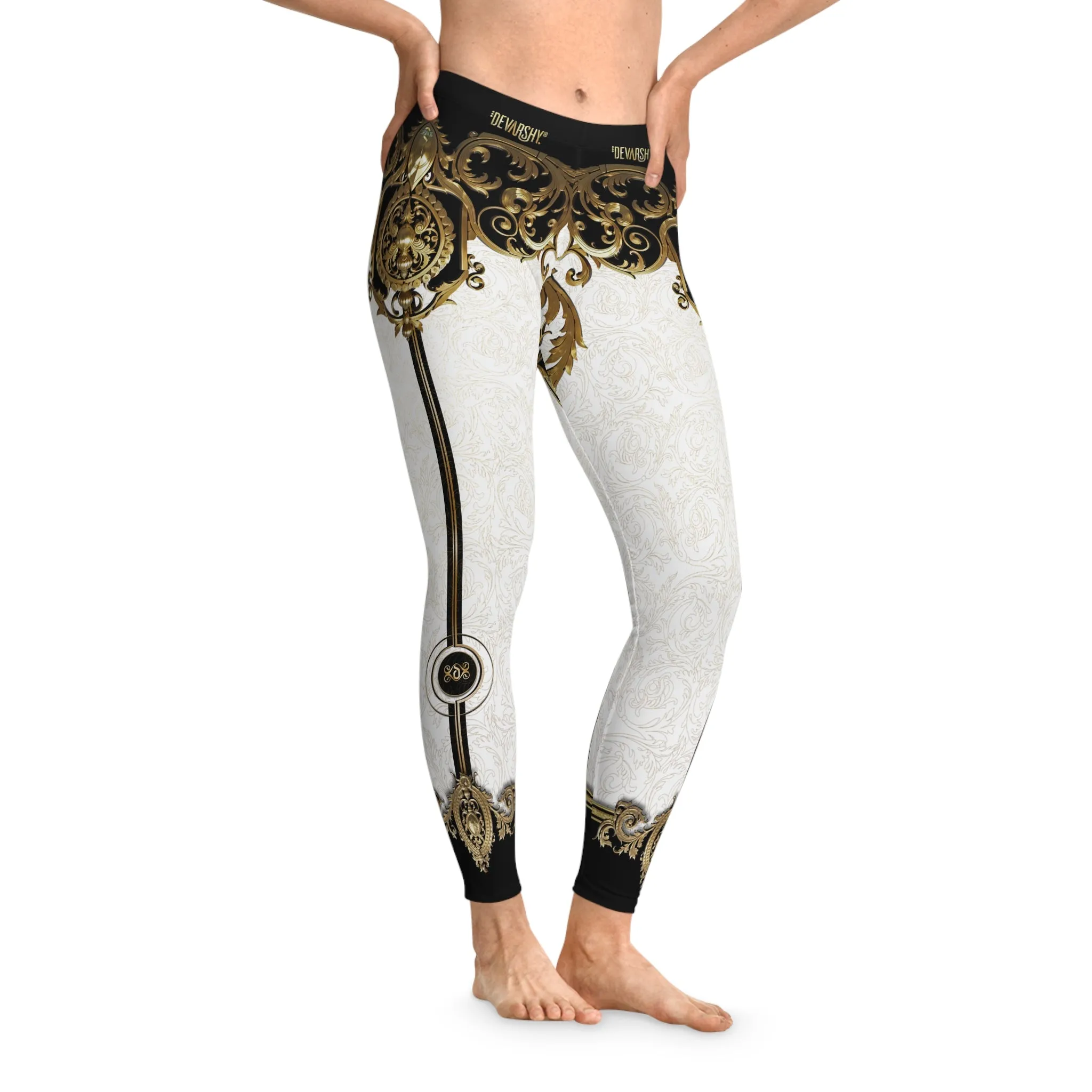 White Baroque Leggings Women Decorative Golden Leggings Casual Wear Spandex Leggings Best Gift Women Lounge Wear | 104922B