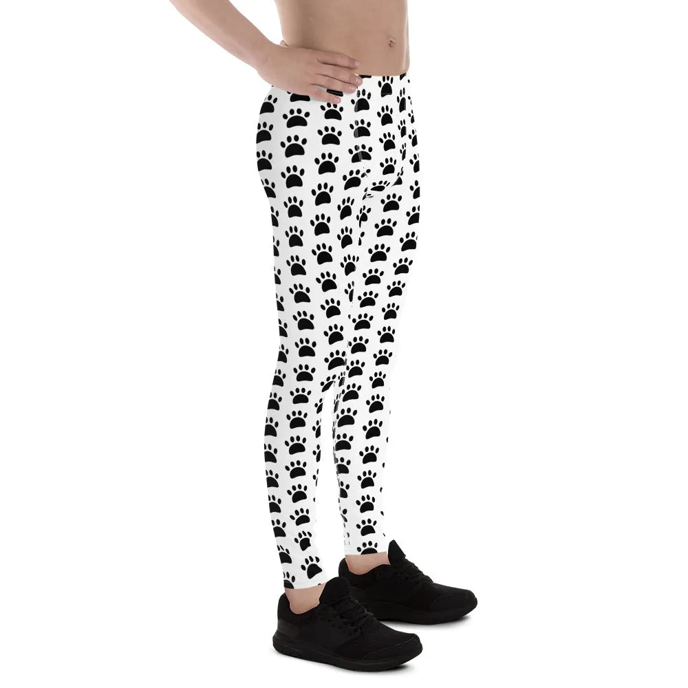 White Black Animal Paws Print Men's Leggings Compression Tights Pants- Made in USA/EU