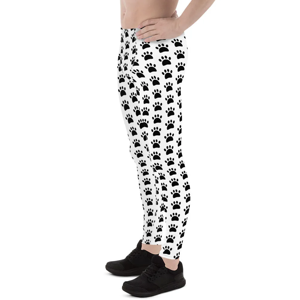 White Black Animal Paws Print Men's Leggings Compression Tights Pants- Made in USA/EU