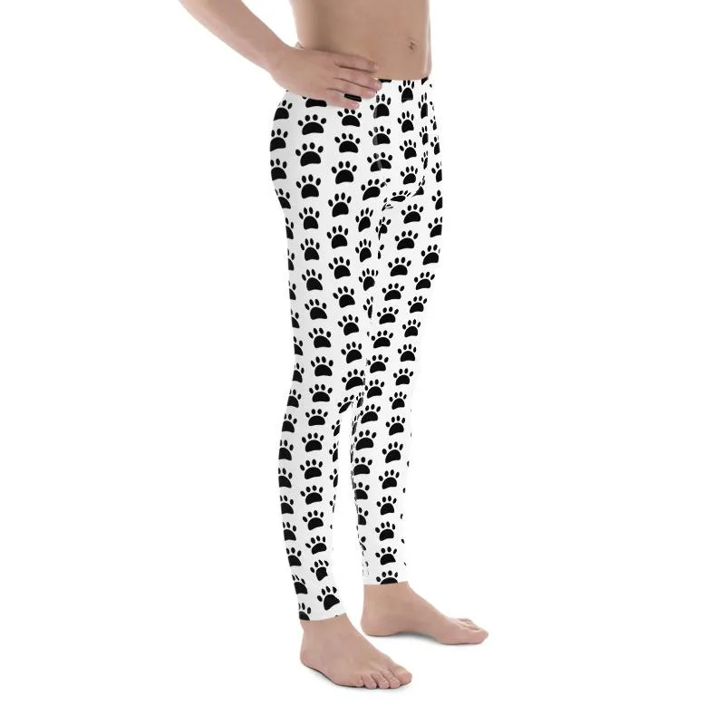 White Black Animal Paws Print Men's Leggings Compression Tights Pants- Made in USA/EU