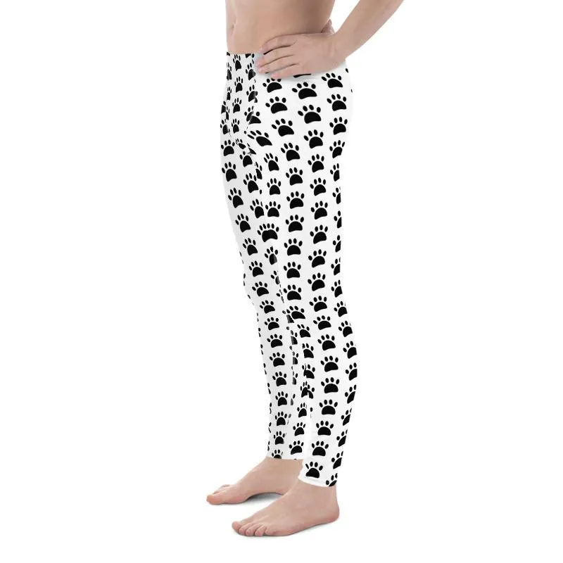 White Black Animal Paws Print Men's Leggings Compression Tights Pants- Made in USA/EU