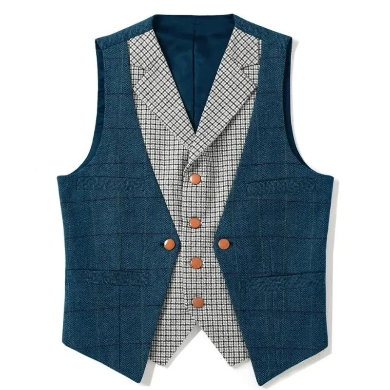 Wiaofellas  -  Men Vest Brown Slim Fit V Neck With Gray Grid Single Breasted Waistcoat Casual Formal Business Men Coat