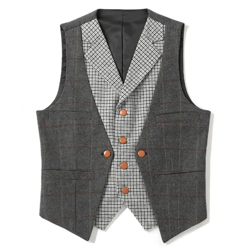 Wiaofellas  -  Men Vest Brown Slim Fit V Neck With Gray Grid Single Breasted Waistcoat Casual Formal Business Men Coat