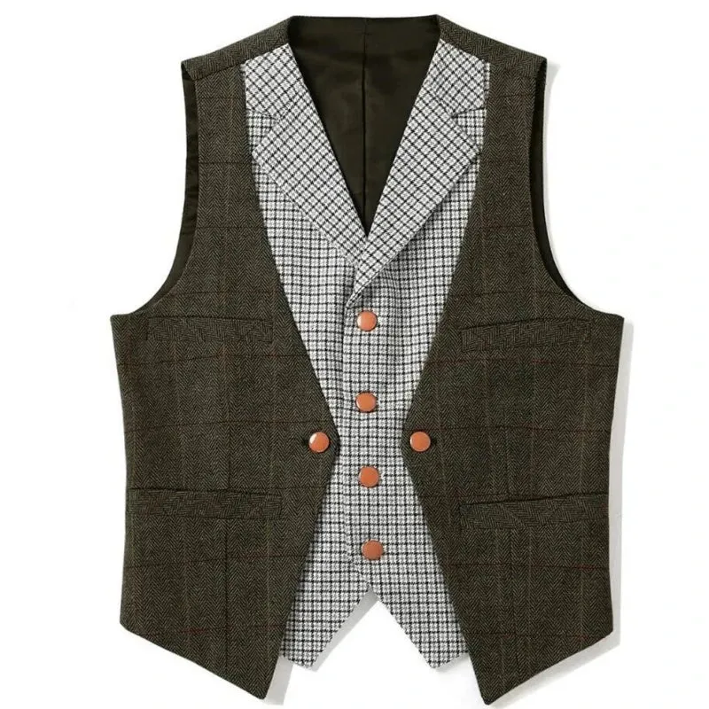 Wiaofellas  -  Men Vest Brown Slim Fit V Neck With Gray Grid Single Breasted Waistcoat Casual Formal Business Men Coat