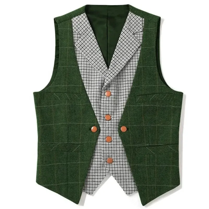 Wiaofellas  -  Men Vest Brown Slim Fit V Neck With Gray Grid Single Breasted Waistcoat Casual Formal Business Men Coat