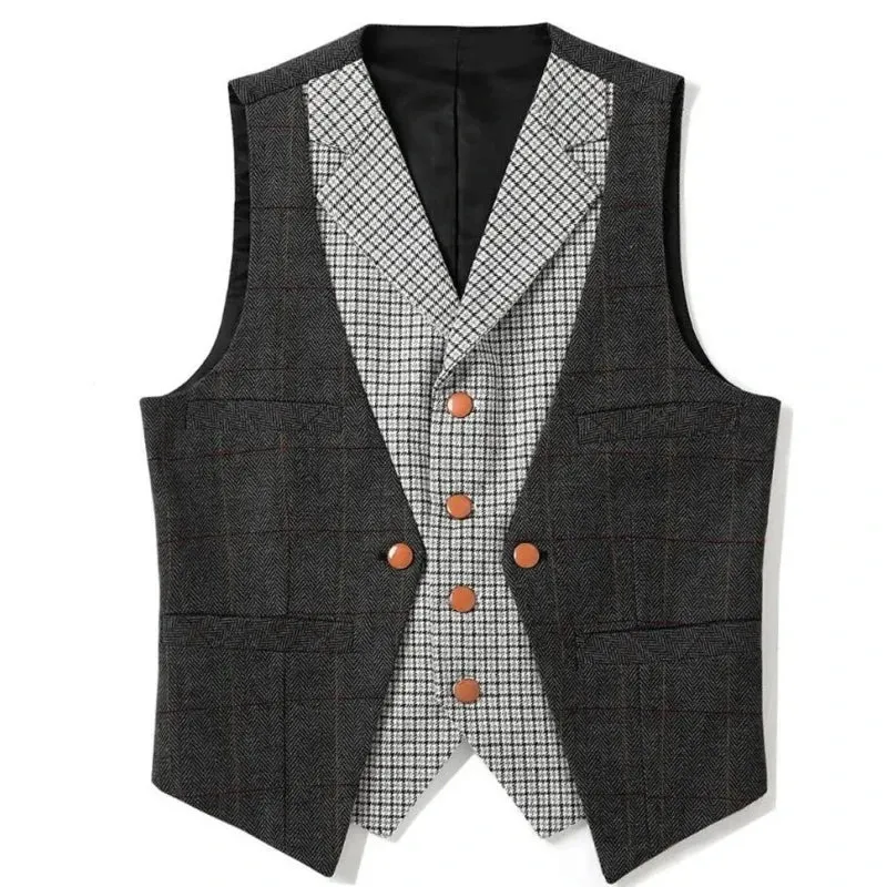 Wiaofellas  -  Men Vest Brown Slim Fit V Neck With Gray Grid Single Breasted Waistcoat Casual Formal Business Men Coat