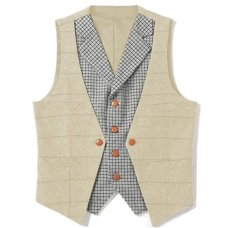 Wiaofellas  -  Men Vest Brown Slim Fit V Neck With Gray Grid Single Breasted Waistcoat Casual Formal Business Men Coat