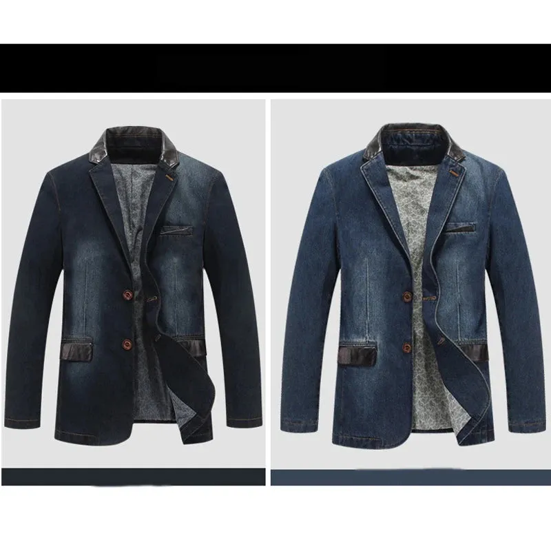 Wiaofellas  -  New Autumn Casual Denim Jacket Men Winter Blazer Suits Mens Business Jackets Suits Leather Patchwork Men Jeans Coat M~4XL  MY190