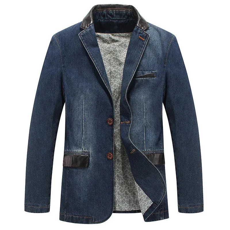 Wiaofellas  -  New Autumn Casual Denim Jacket Men Winter Blazer Suits Mens Business Jackets Suits Leather Patchwork Men Jeans Coat M~4XL  MY190