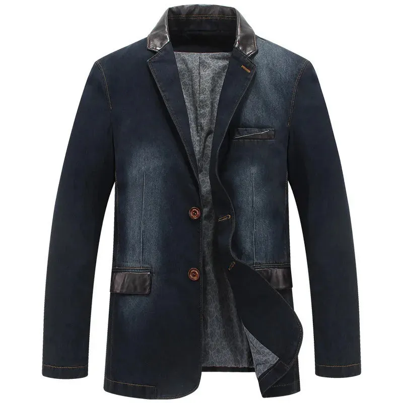 Wiaofellas  -  New Autumn Casual Denim Jacket Men Winter Blazer Suits Mens Business Jackets Suits Leather Patchwork Men Jeans Coat M~4XL  MY190