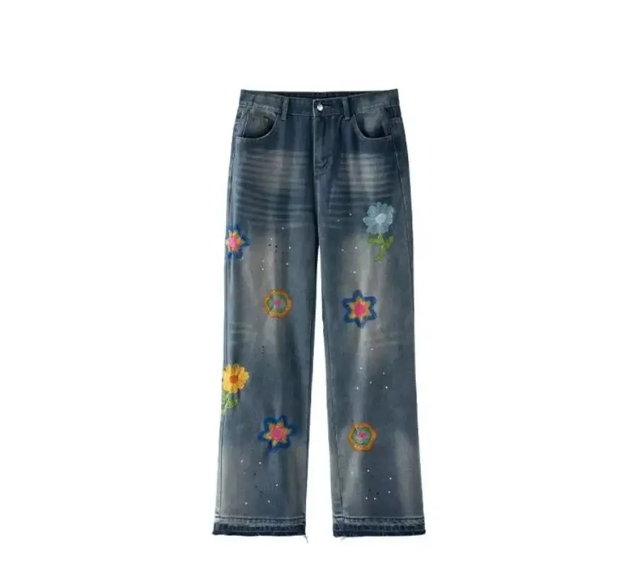 Wiaofellas -  Street American Micro Flared Jeans Mens Petal Embroidery Washed Cowboy Pants Straight Tube Burr Edge Hip Hop Denim Trousers