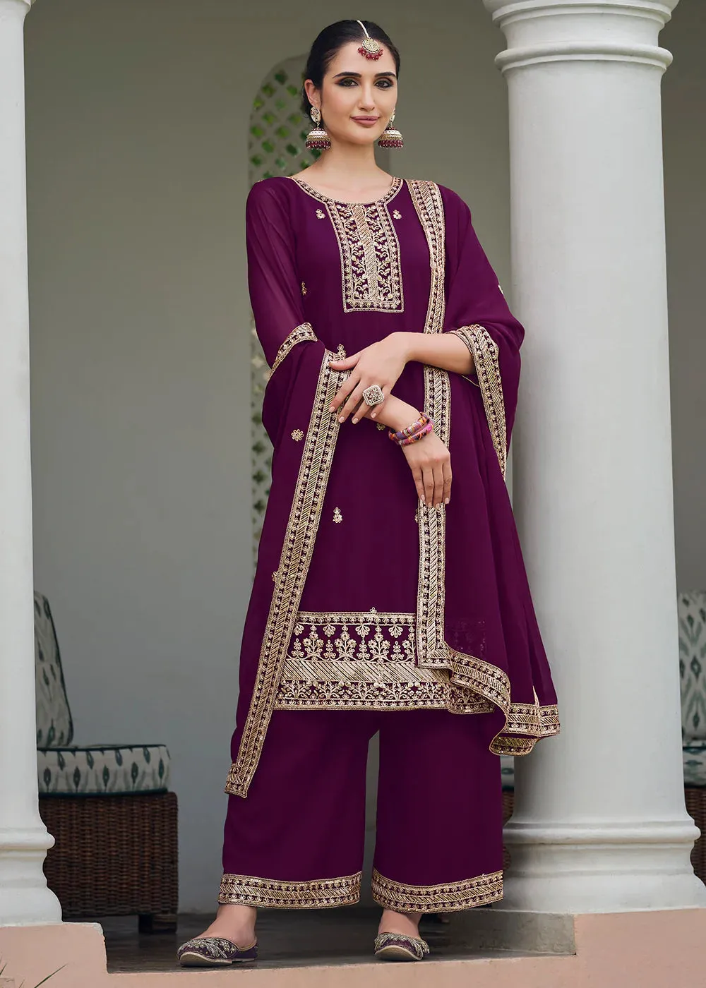 Wine Georgette Stonework Embroidered Suit Set with Dupatta