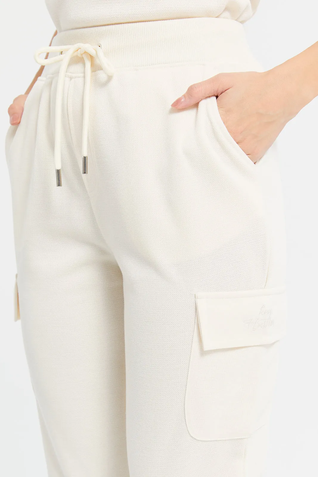 Women Beige Plain Jogger With Utility Pockets