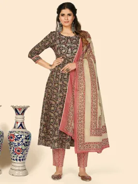 Women Black & Coral Red Printed Anarkali Kurta With Pants & Dupatta (3 Pc Set)